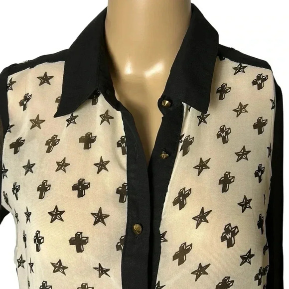 Sheer lace up blouse,cross,star,multi media,hi lo,indie sleeze,Whimsigoth,goth - Picture 4 of 12